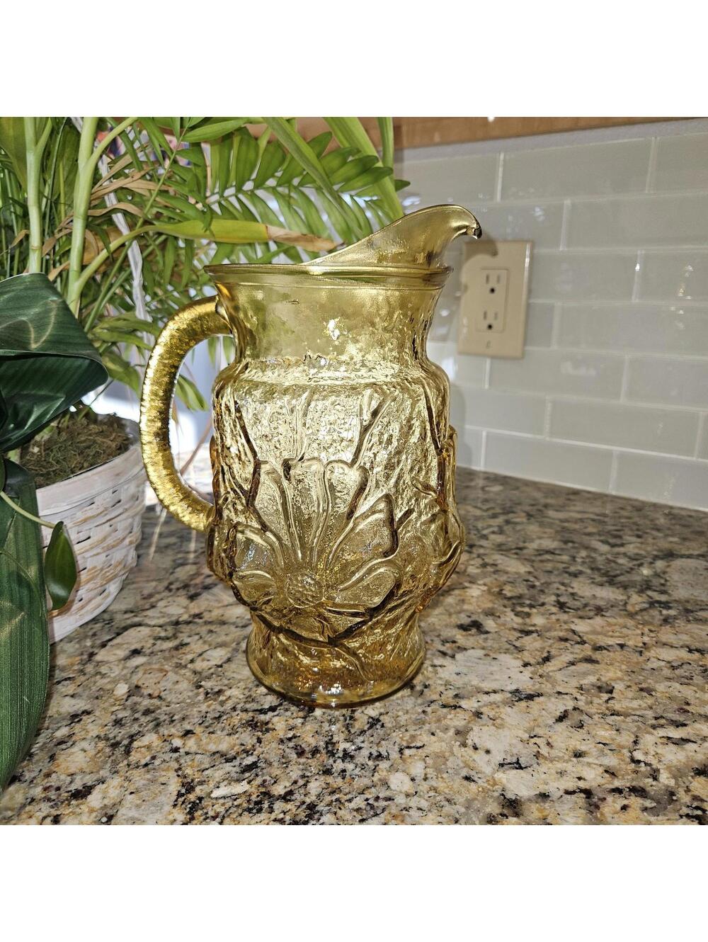 Vintage MCM  Anchor Hocking Glass Pitcher Rain Flower Amber Ice Tea  64oz